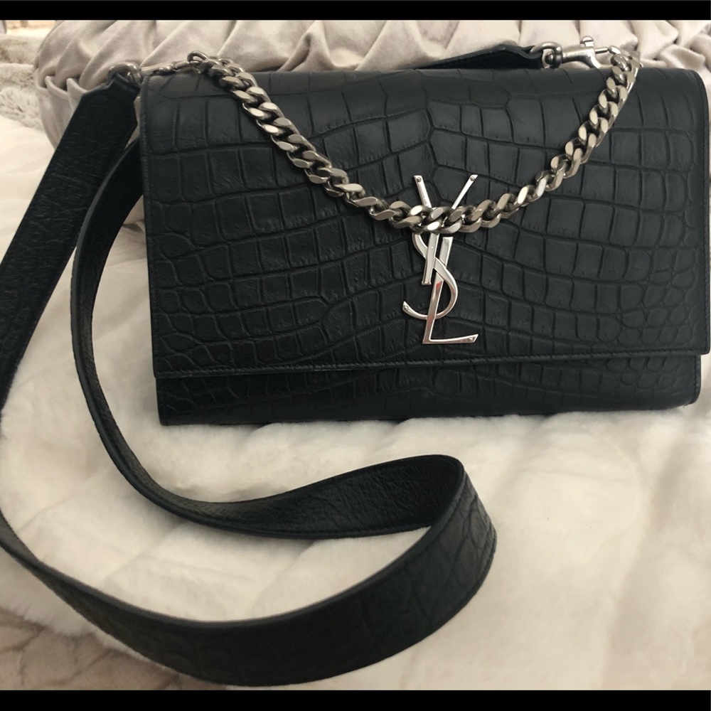 YSL Kate M Croc Embossed Leather Nero